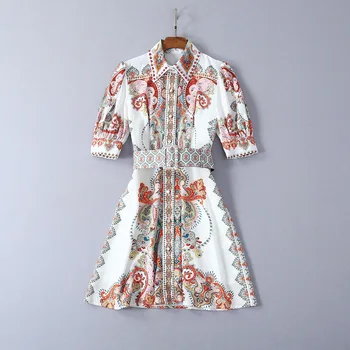 

High Quality Runway Designer Dress For Women 2019 Summer Vintage Print Beaded Diamonds Line A Mini Dresses