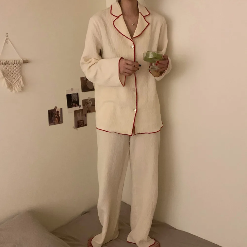 

Cotton Concealed 3d Stripes Home Wear Long Sleeve Loose Pajamas Set