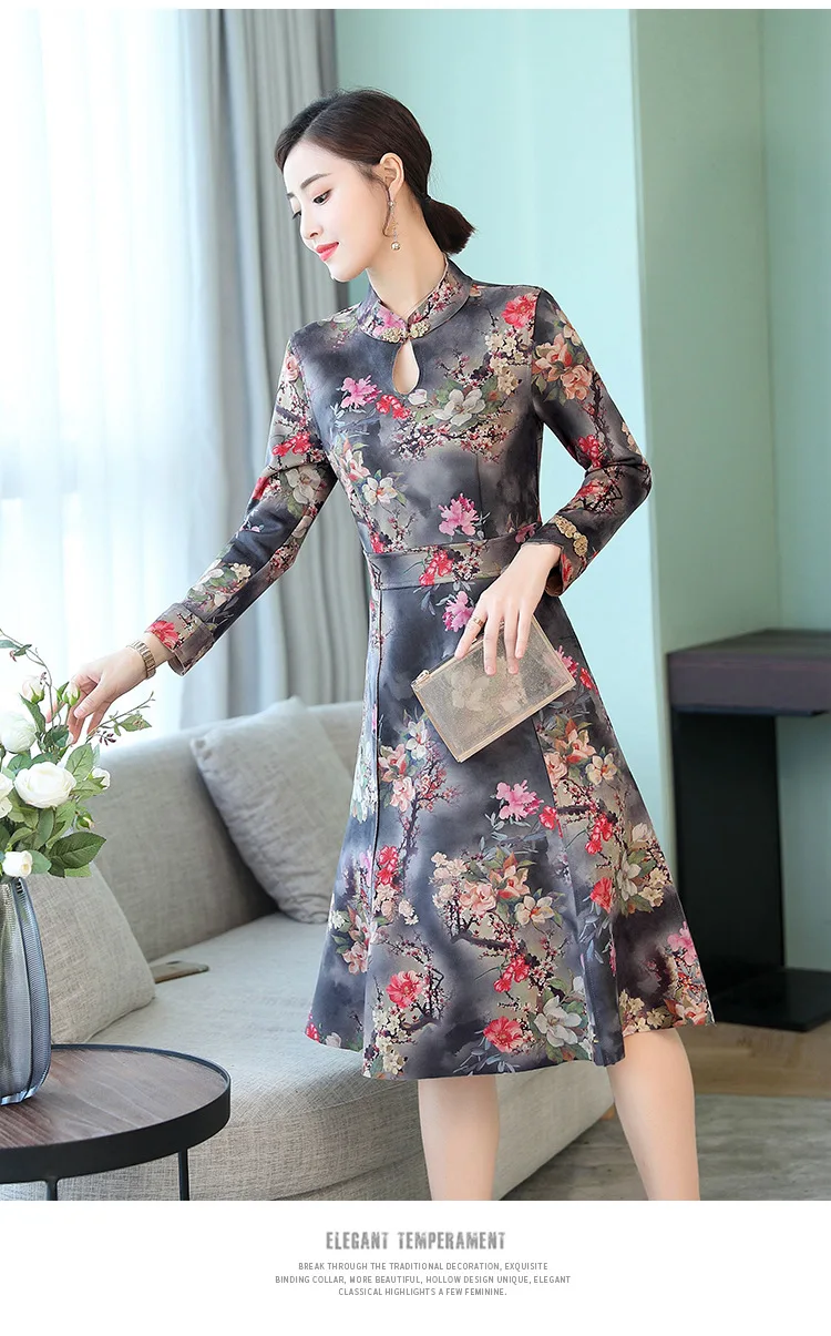 Оленья кожа бархат cheongsam платье осенняя одежда стиль женщин среднего возраста платье элегантный этнический стиль с длинным рукавом Mid-leng