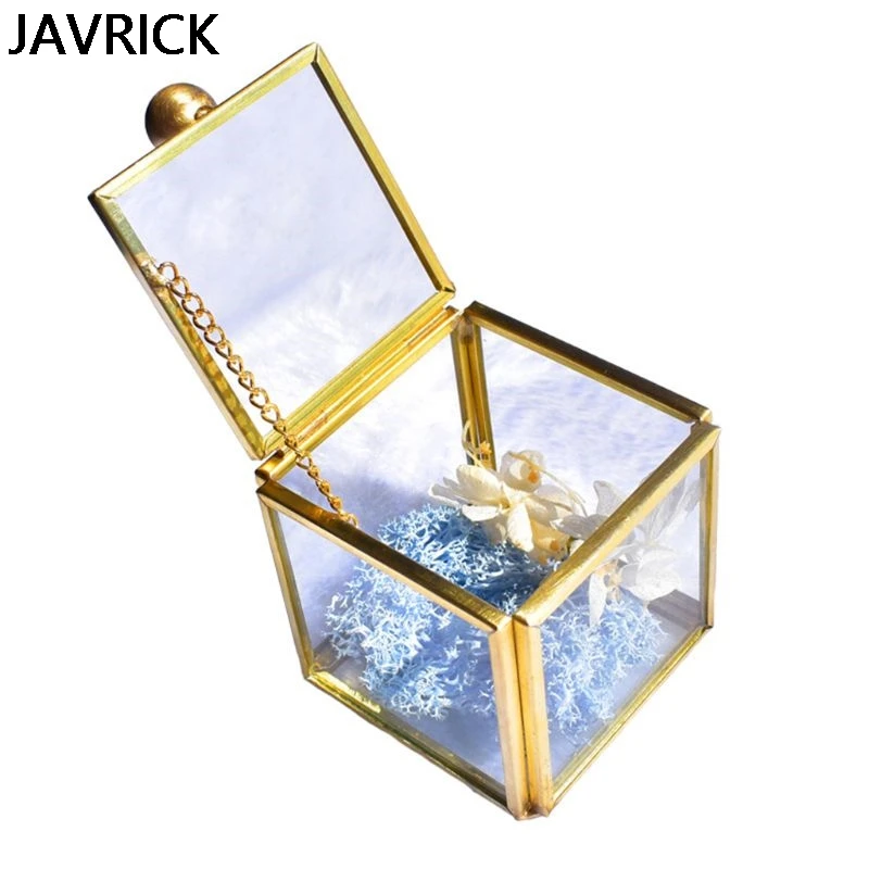 

Geometrical Clear Glass Jewelry Box Jewelry Organize Holder Plants Container Women Brass Metal Frame Display Case