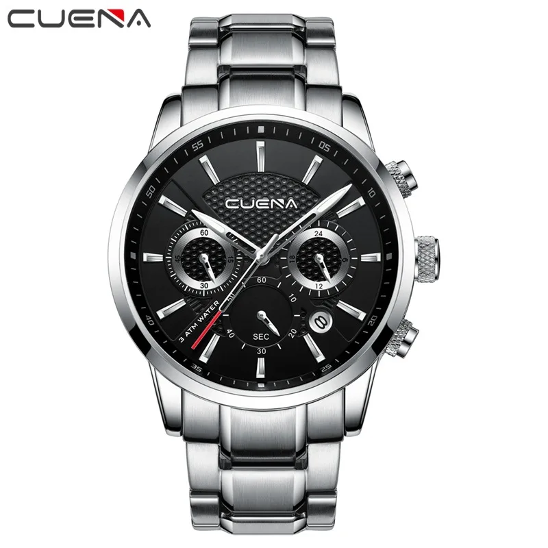 Silver-Black CUENA Роскошные мужские часы светящиеся ручные автоматические часы с ремешком из нержавеющей стали модные черные кварцевые часы - Цвет: Silver-Black