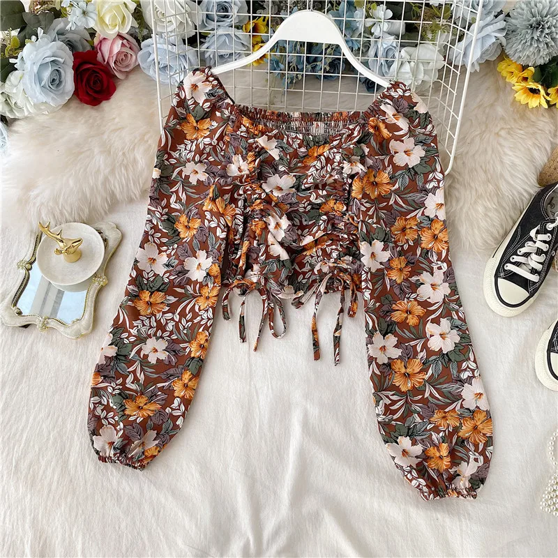 Vintage Square Collar Floral Women Blouse 2021 Summer Puff Sleeved Chiffon Drawstring Short High Waist Sexy Female Pulls Tops