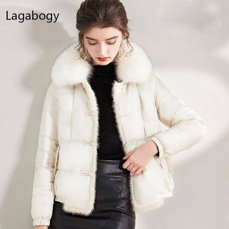 Lagabogy 2024Real Fox Fur Collar Winter Women 90%White Duck Down Jacket Ladies Short Warm Puffer Coat Female Loose Vintage Parka 4