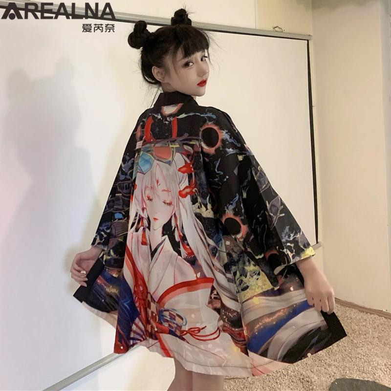 

Женские пляжные рубашка кимоно, кардиган с принтами аниме японский Стиль юката летний мыс косплей традиционная китайская одежда