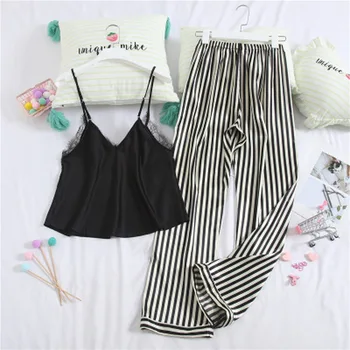 

Silk Pajamas for Women Sexy Lace Pajama Striped Pijamas Women 2020 Summer Femme Satin Pyjamas Home Clothes for Women Night Suits