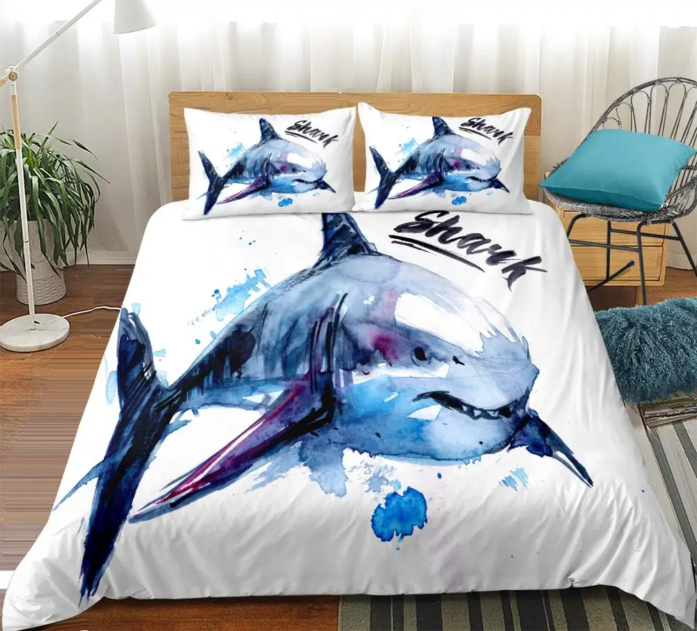 

Watercolor Shark Bedding Set Duvet Cover Set 3-Piece Bedspreads Ocean Animals Kids Bed Cover Set Home Textiles