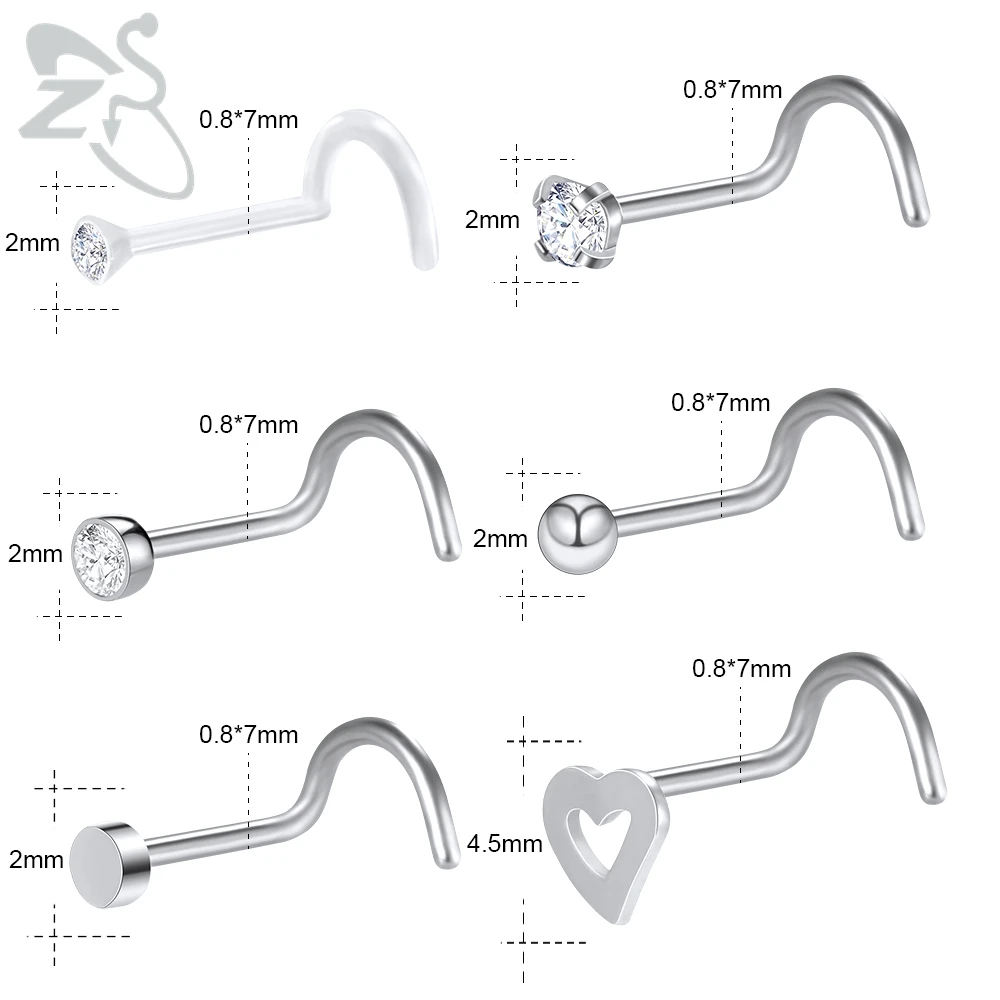 ZS 6-34pcs/Lot Heart Round Nose Piercing Ring Set Stainless Steel Crystal Nose Stud Pack L Shape Nose Nails Piercing Jewelry 20g