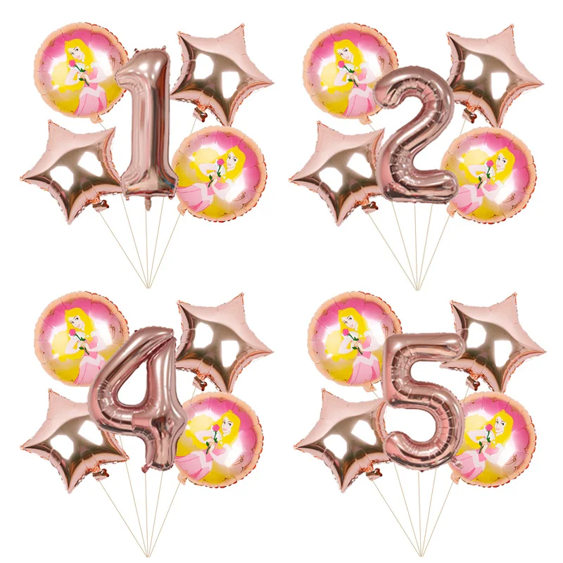 6pcs 18inch rose gold Princess foil balloons Birthday Party decorations kids Snow White Anna baby gift 40inch number air globos - Цвет: Aurora rose gold set