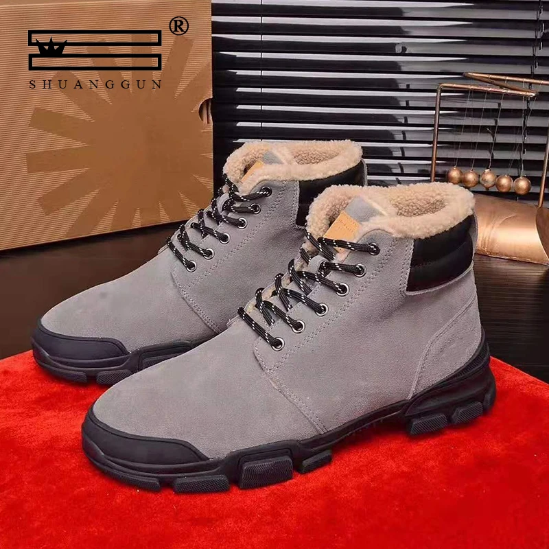 

SHUANGGUN Wool cowhide leather men's winter warm snow boots Australia imported wool sheepskin premium brand snow boots
