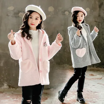 

Winter Girls Coat Fashion Warm Velvet Hooded Kids Jacket Woolen Coat for Girl Outerwear Girls Clothes For 3-12 Years
