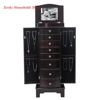 

Jewelry Armoire with Mirror 9 Tiers 8 Drawers & 16 Necklace Hooks 2 Side Swing Doors Brown Cabinet Beige Flannel