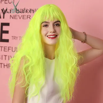 

ALAN EATON Fluorescent Green Long Wavy Wig with Bangs Heat Resistant Fiber Hair Cosplay Synthetic Wigs for Black Women Afro