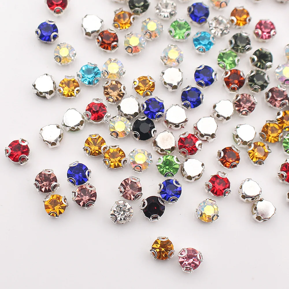 3D 4-8mm Color Sew on Crystal Glass Rhinestone Diamante Jewels Silver Cup Claw Montees 4 holes Sewing Stone Beads craft clothes