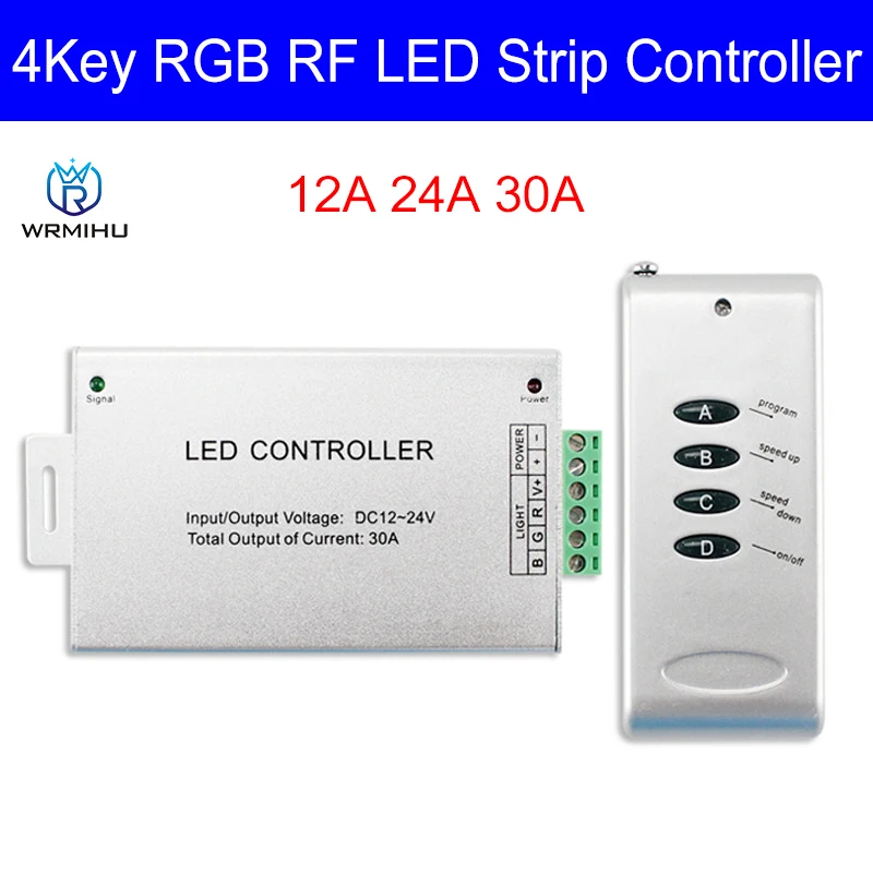 12A 24A 30A LED 컨트롤러 무선 4 키 RF 원격 제어 모듈 조광기 RGB 컨트롤러, 5050 3528 LED 스트립 조명 DC12 24V