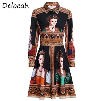 

Delocah Spring Summer Dress Fashion Designer Women Long Sleeve Gorgeous Crystal Beading Vintage Printed Midi Dresses vestoidos
