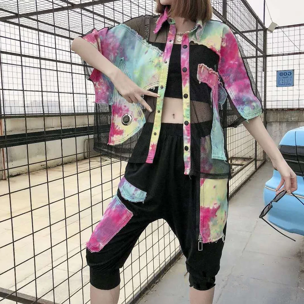 Runway TWO PIECE SET Patch Women Trendy Jogger Pants Luxury Mesh Jacket Suit Hip Hop Punk 2 Korean Harajuku Ulzzang PC |