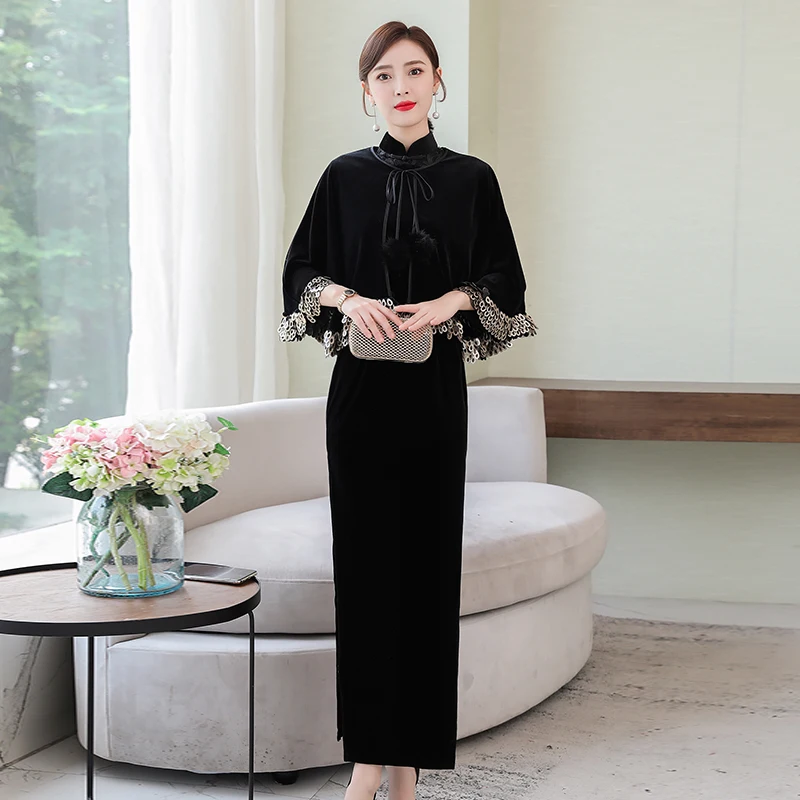 Ladies Dress Autumn and Winter Modified Cheongsam Two-piece Suit dress Chinese Banquet Dress Female Long Elegant Shawl