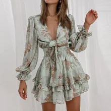 Robe imprimée en mousseline de soie pour femmes, tenue courte, Sexy, col en V, avec nœud à nouer sur le devant, à volants, de forme trapèze, de fête, collection printemps 2021