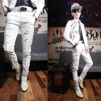 

New Europe and the United States motorcycle leather pants men's leather white leather pants men's Slim feet leather pants men