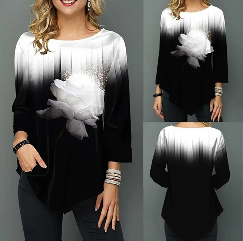 Женская блузка, большие размеры 5XL, модные новые весенние топы с принтом, рукав 3/4, эластичная Женская Повседневная рубашка