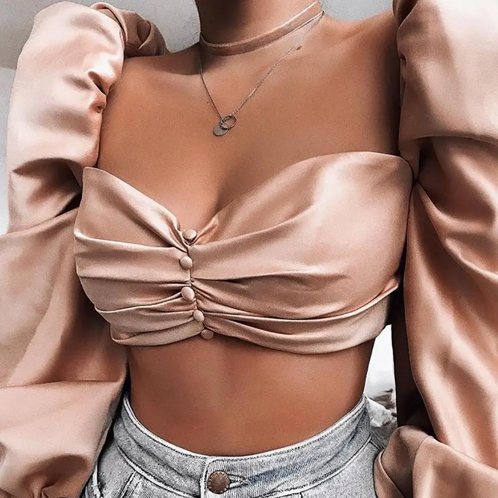 Korean Hot Sale Cotton Polyester Grosgrain V-neck Kpop 2021 Europe And America New Solid Color Wrapped Buttons Navel T-shirt | Женская