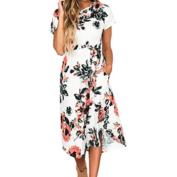 

Casual Flower Print Short Sleeve Party Dress Women Summer Midi Dresses Robe XXL Plus Size Loose Bohemian Floral Dress GV785