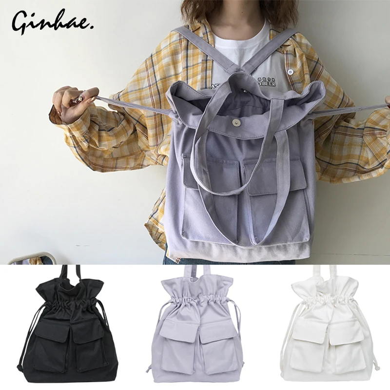 

Fashion Harajuku Canvas Shoulder Bag Solid Large Capacity Drawstring Bagpack Preppy Style Multifunction Crossbody Bags Mochila