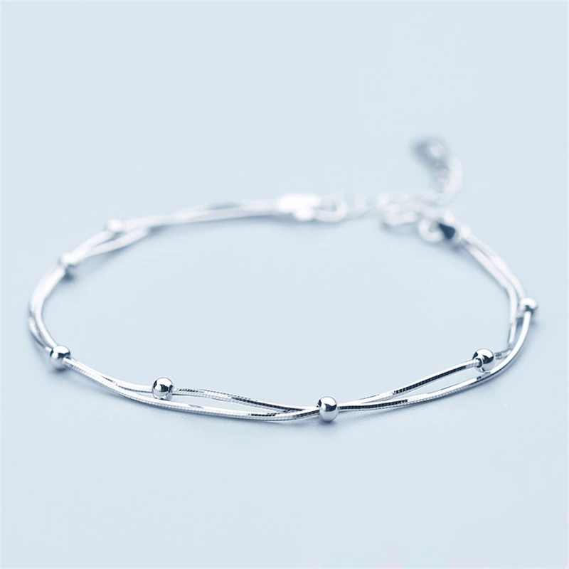 Оптовая продажа серебряный браслет с круглыми бусинами счастливый двухслойный