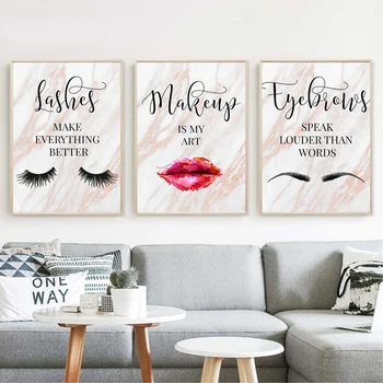 

Fashion Canvas Makeup Quote Art Poster Print Eyelash Eyebrow Lips Marble Painting Nordic Wall Picture for Living Room Decoration