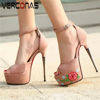 

VERCONAS Women Thick Bottom Increase Embroidered High Quality Party Pumps Round Toe Thick Heels Sandals Summer Shoes Woman