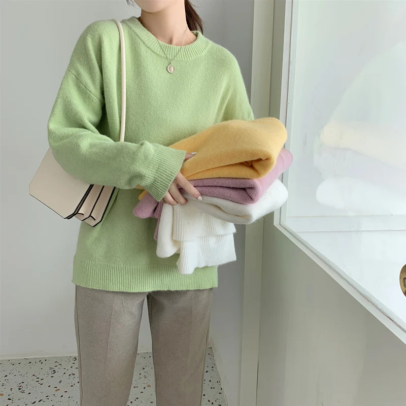 Белый свитер женский длинный рукав желтый пуловер Свободный вязаный свитер большого размера корейский стиль Женские топы