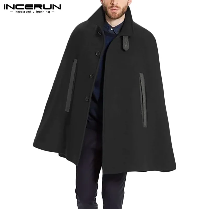 

Men Coats Fashion Patchwork Poncho INCERUN Leisure Single Breasted Cloak Capes Winter Man Solid Pockets Trench Streetwear S-5XL
