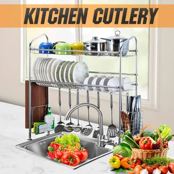 

2Tier Stainless Steel Kitchen Shelf Organizer Dishes Drying Rack Over Sink Drain Rack Kitchen Storage Countertop Utensils Holder