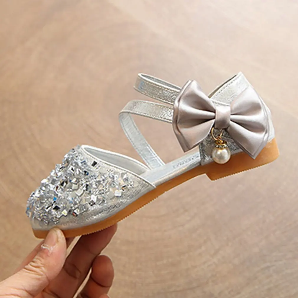 OUTAD/детская кожаная обувь; повседневная обувь принцессы на плоской подошве для девочек; обувь для вечеринок; модная детская обувь с блестками и бантом и жемчугом для девочек