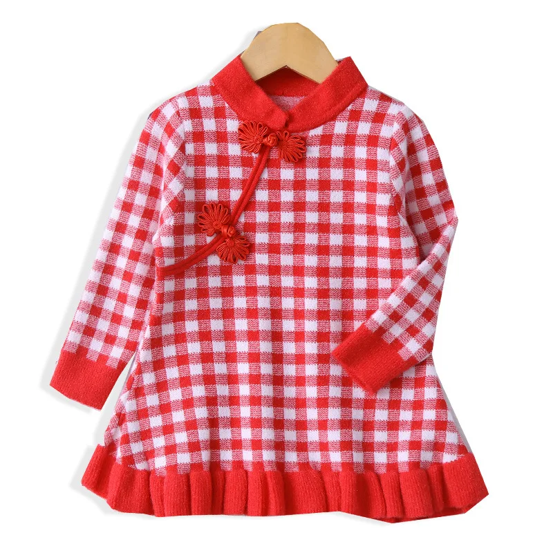 Chinese Plaid Lace Children's Dress Fall/Winter New Long Sleeve Girls' Dress