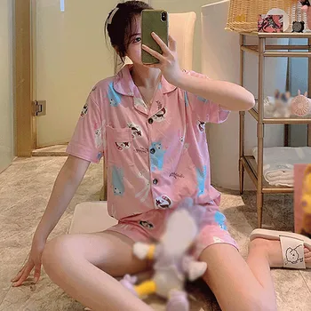 

Summer Short-sleeved Shorts Pajamas Women Cardigan Lapel Milk Silk Cute Cartoon Girl Plus Size Home Service Suit Lattice Loose