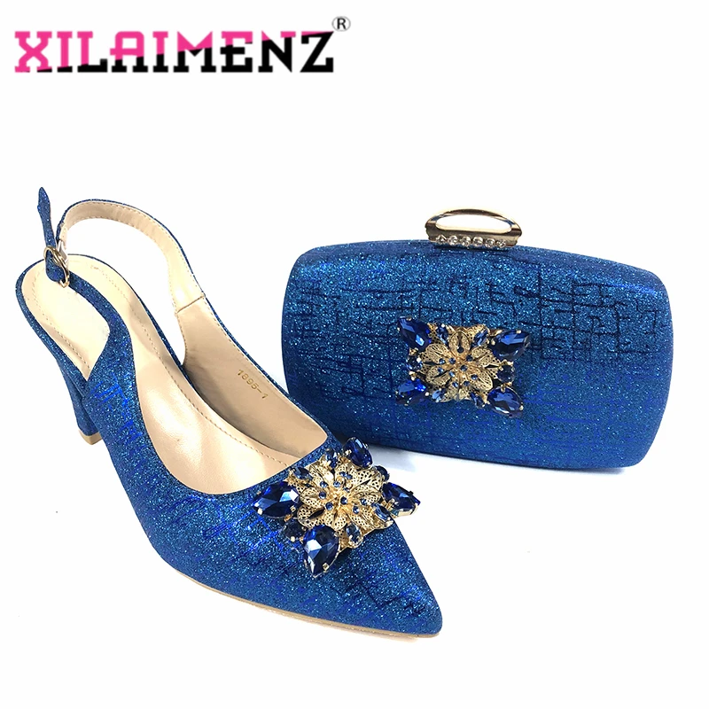 Г. Высококачественные женские вечерние туфли в итальянском стиле и сумочка в комплекте синего цвета в африканском стиле