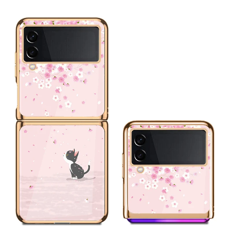

Новый чехол-книжка Z Flip 3 для Samsung Galaxy Z Flip 3 Z Flip 2 5G Sakura Cat, покрытие из закаленного стекла, чехол для телефона