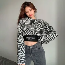 Cheap 2pcs Women's Top Set Long Sleeve Round Neck Zebra Print Short Top + Letter Print Short Black Strap Hight Street Lady Clothing Cheap 2pcs Women's Top Set Long Sleeve Round Neck Zebra Print Short Top + Letter Print Short Black Strap Hight Street Lady Clothing