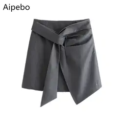 Aipebo Женская однотонная элегантная Асимметричная мини-юбка с бантом спереди и бантом, с высокой талией, Офисная Женская юбка