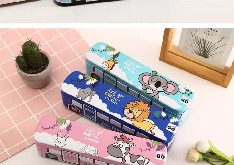 Creative bus stationery box multi-function pencil box iron box children's school supplies men and women students double-layer p