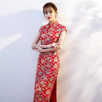 Sheng Coco, китайское традиционное свадебное платье, атласное, CheongsamLong, платье, тост, свадебное, Qipao, платье для женщин, вечерние, для банкета, Qipao - Цвет: Long red qipao