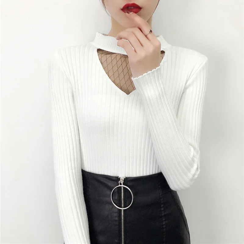 

Hollow Long Sleeves Sweater Cotton Korean Version Women's Turtleneck Fall Winter New Pullover Women White Black Woman Sweaters