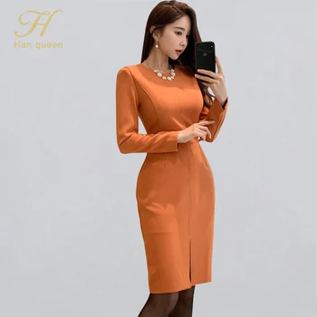 

H Han Queen Elegant Office Wear Pencil Dress Women Winter Solid Color Bottoming Dresses OL Business Work Sheath Bodycon Vestidos