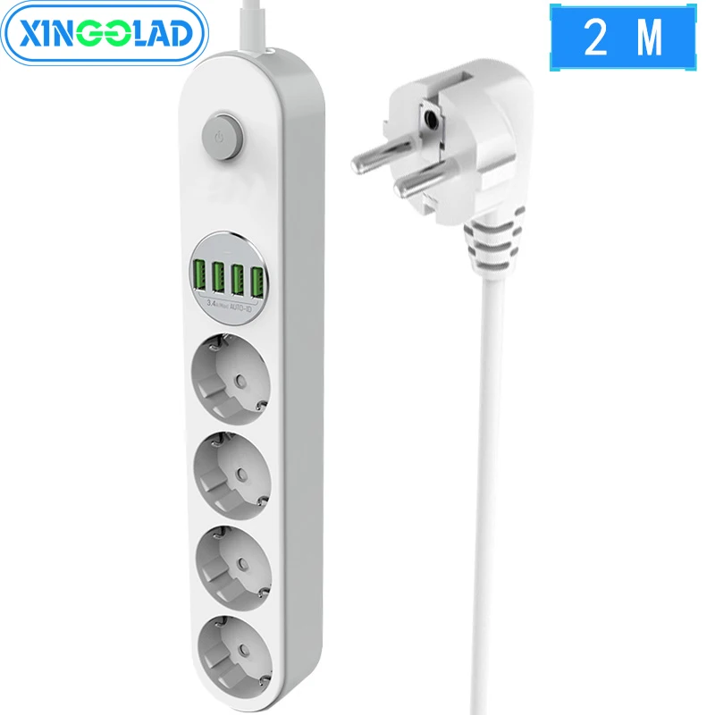 

Eu Plug Power Strip Electric Extension Socket With Master Switch 4 Outlets 4 USB 2M Cord Network Filter For Home Phones