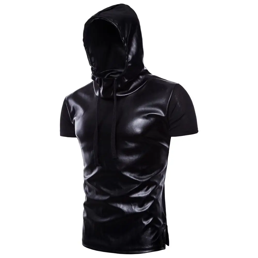Fashion 2021 Summer slim black men\'s short-sleeved fight leather T-shirt hooded design trendy T-shirts men | Мужская одежда