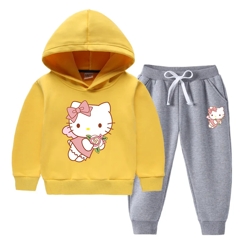 thumbnail image 1 of Conjunto de suéter con capucha con patrón de dibujos animados para niños de Hello Kitty, conjunto de suéter con capucha de algodón puro grueso, ropa deportiva y de ocio para niñas cálidas, 1 of 5