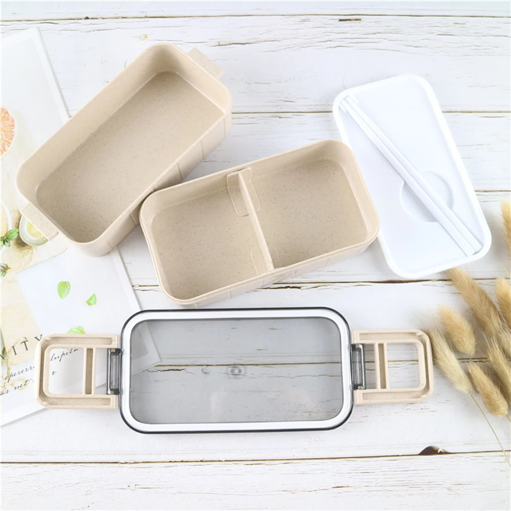 New 1200ml Wheat Straw Double 3 Layer Lunch Box With Spoon Healthy Material Bento Box Microwave Food Storage Container Lunchbox