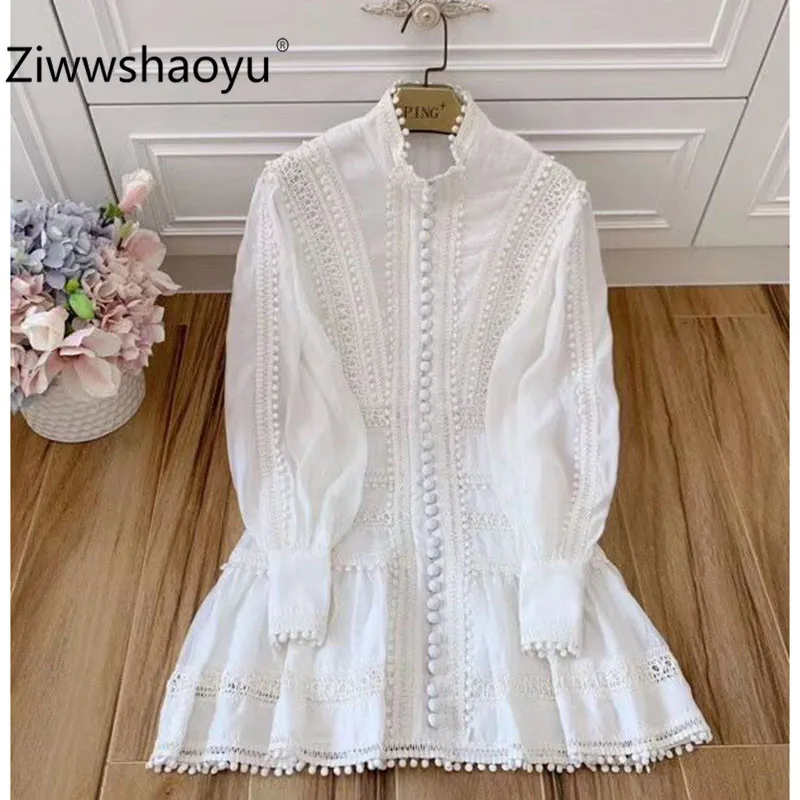 

Ziwwshaoyu Designer High End Autumn Winter Manual Embroidery Single-Breasted Lantern Sleeve White Cotton Party Dress Women's