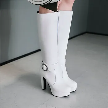 

YMECHIC White Black Platform High Heels Knight Woman Boots Pu Leather Mid Calf Buckle Strap Large Size Ladies Ridding Boot Shoe